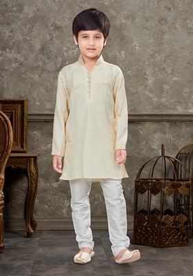 Cream Embroidered Silk Kurta With Churidar Pants