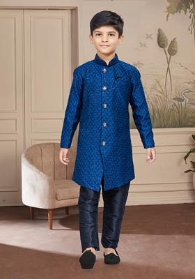 Blue Embroidered Jaquard Kurta With Churidar Pants