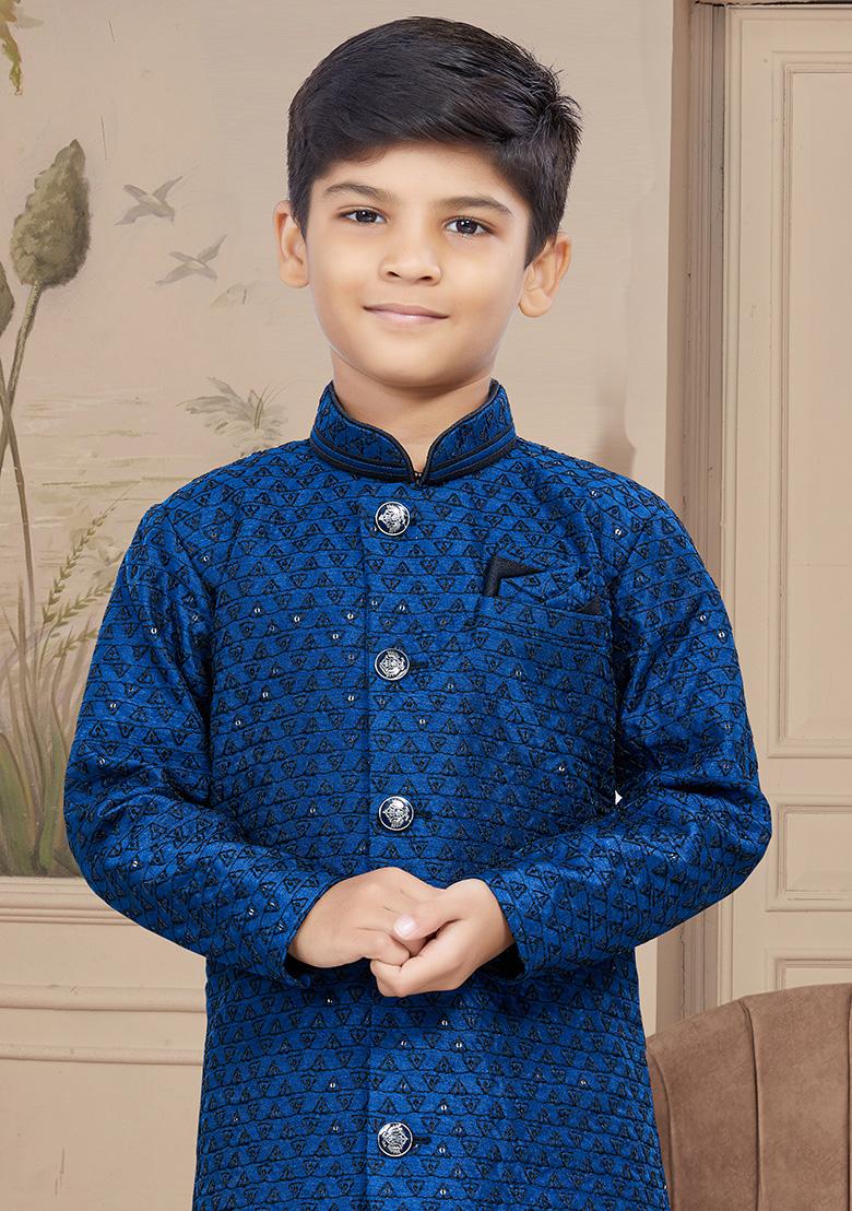 Blue Embroidered Jaquard Kurta With Churidar Pants