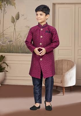 Wine Embroidered Jaquard Kurta With Churidar Pants