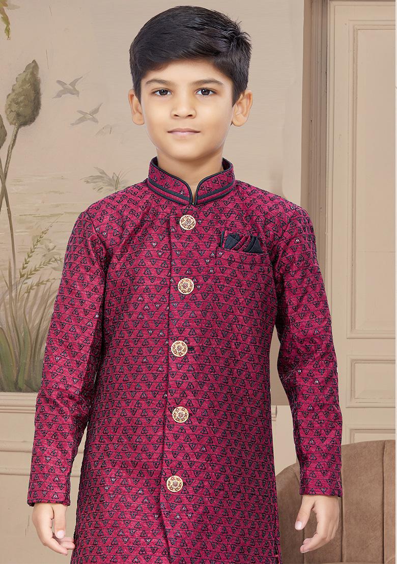 Wine Embroidered Jaquard Kurta With Churidar Pants