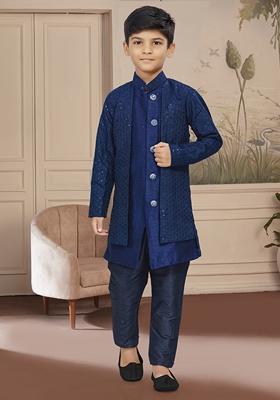 Dark Navy Blue Embroidered Jaquard Kurta With Churidar Pants