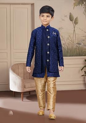 Blue Embroidered Jaquard Kurta With Churidar Pants