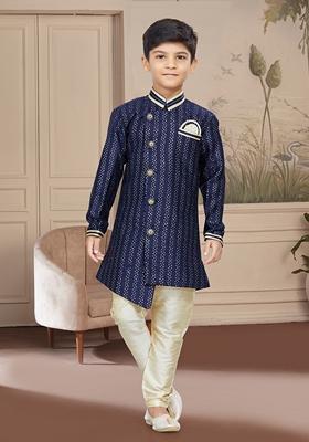 Navy Blue Embroidered Jaquard Kurta With Churidar Pants