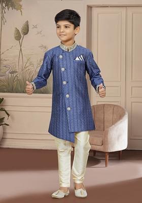 Grey Embroidered Jaquard Kurta With Churidar Pants