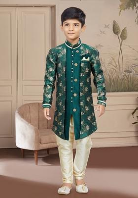 Bottle Green Embroidered Jaquard Kurta With Churidar Pants