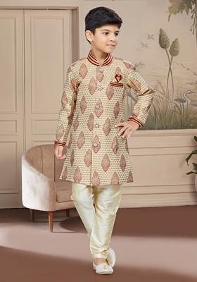 Chiku Brown Embroidered Jaquard Kurta With Churidar Pants