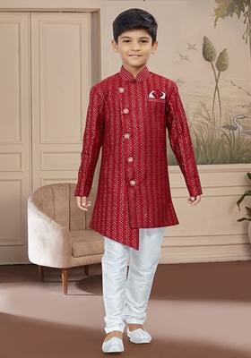 Maroon Embroidered Jaquard Kurta With Churidar Pants