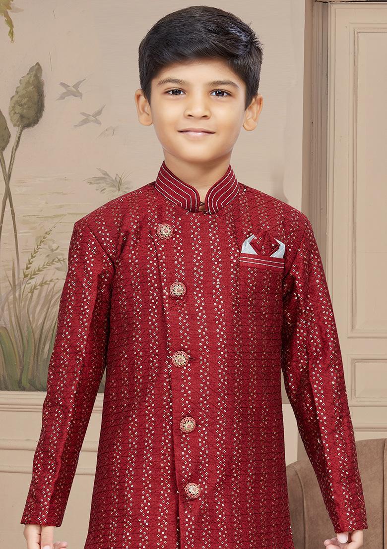 Maroon Embroidered Jaquard Kurta With Churidar Pants