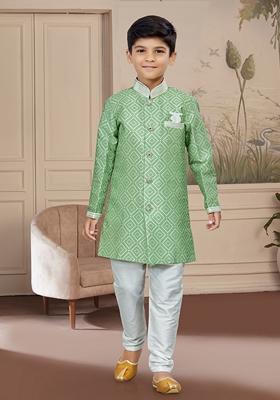 Light Green Printed Silk Kurta With Churidar Pants