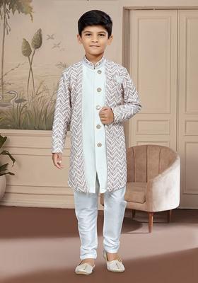 Off White Embroidered Silk Kurta With Churidar Pants