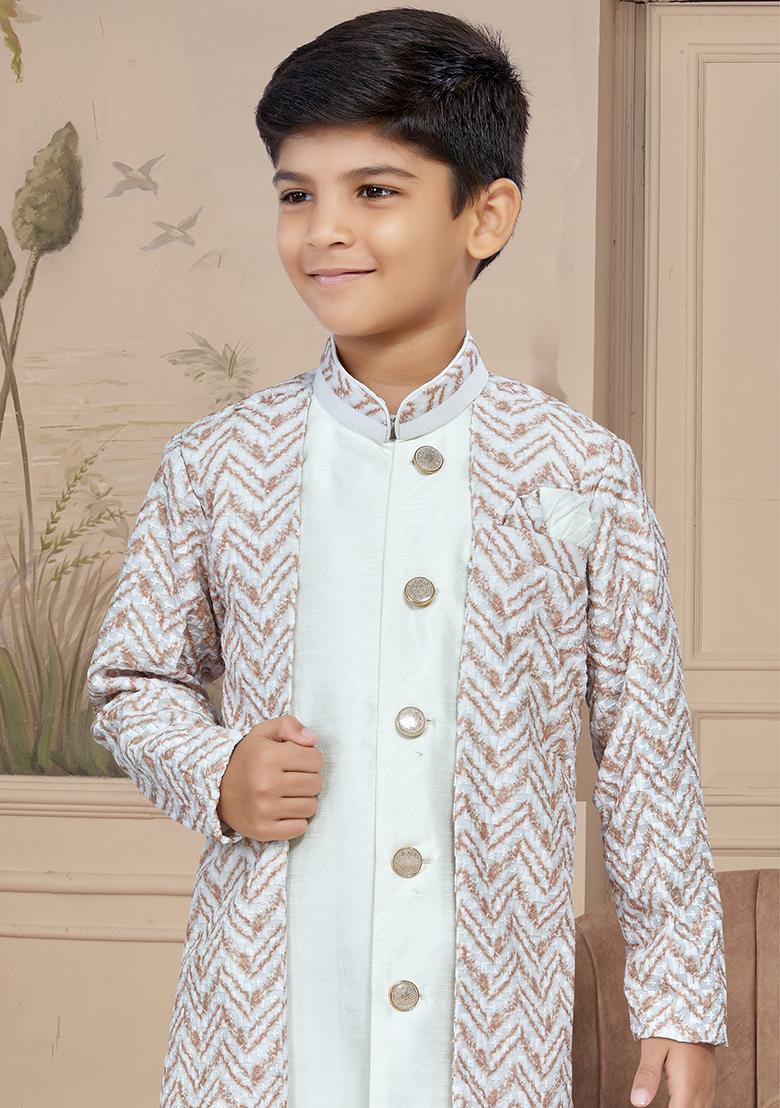 Off White Embroidered Silk Kurta With Churidar Pants