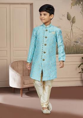 Sky Blue Embroidered Jaquard Kurta With Churidar Pants