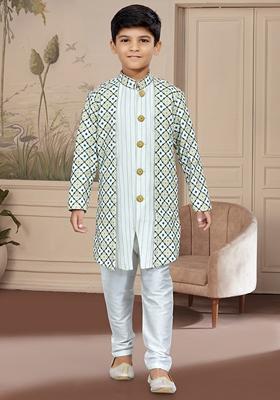 Off White Embroidered Silk Kurta With Churidar Pants