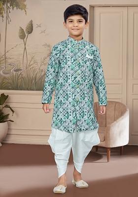 Green Embroidered Jaquard Kurta With Dhoti Pants