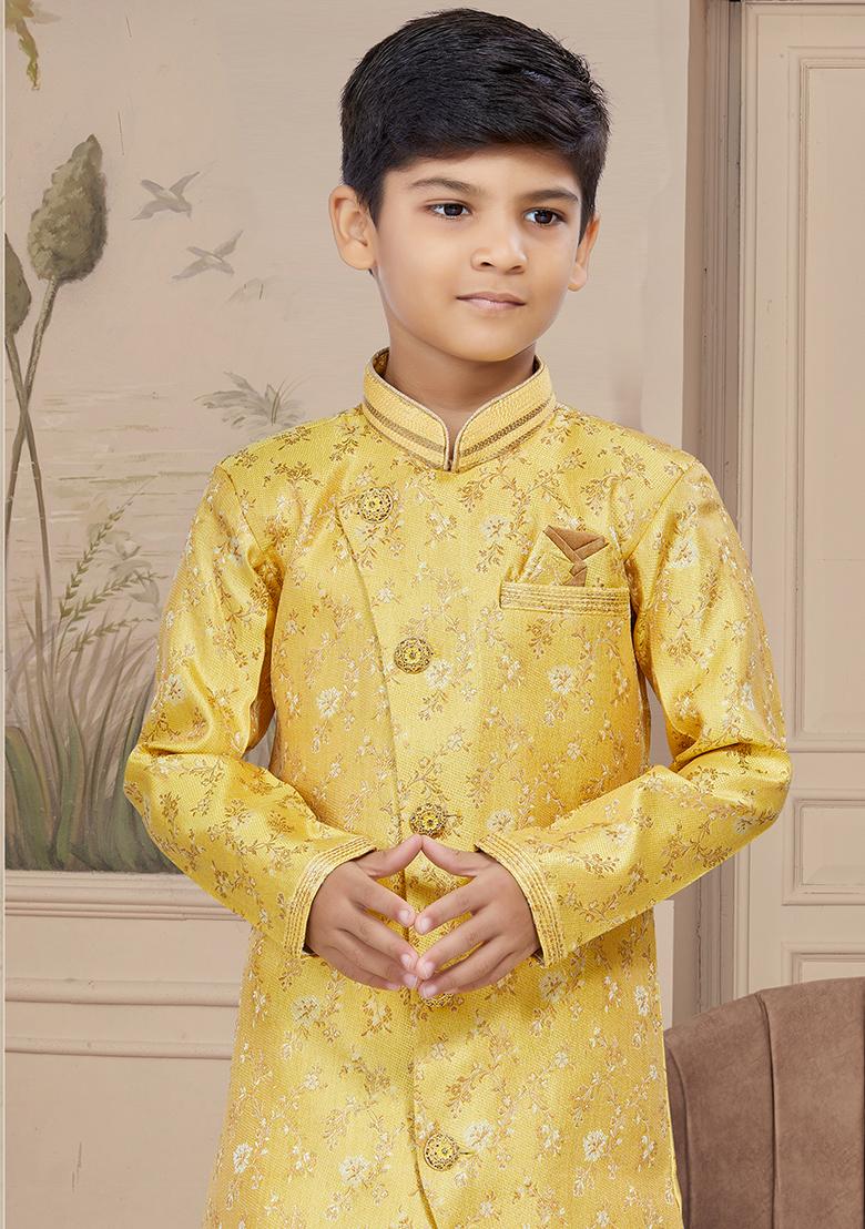 Yellow Embroidered Jaquard Kurta With Churidar Pants