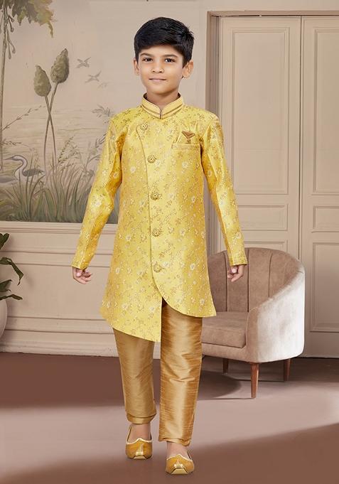 Yellow Embroidered Jaquard Kurta With Churidar Pants