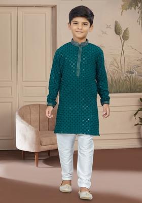 Bottle Green Embroidered Chikankari Kurta With Churidar Pants