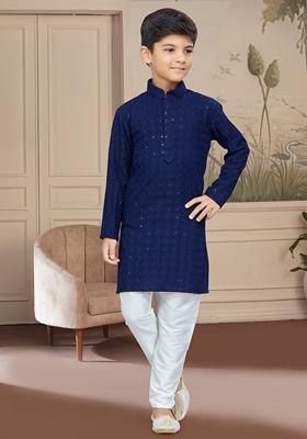 Navy Blue Embroidered Chikankari Kurta With Churidar Pants