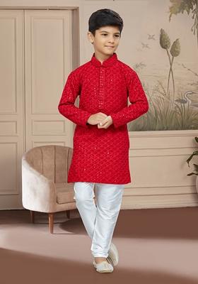Maroon Embroidered Chikankari Kurta With Churidar Pants