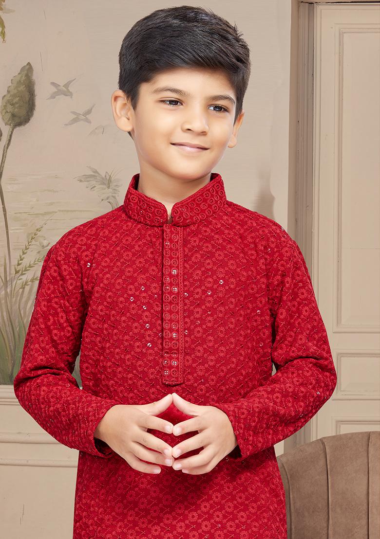 Maroon Embroidered Chikankari Kurta With Churidar Pants