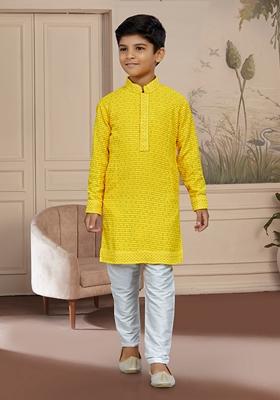 Yellow Embroidered Chikankari Kurta With Churidar Pants