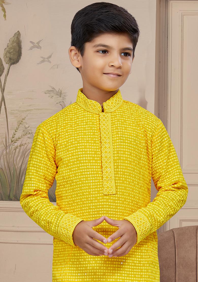 Yellow Embroidered Chikankari Kurta With Churidar Pants