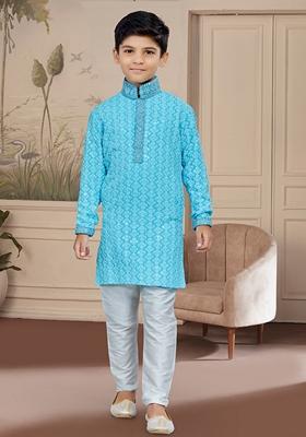 Firozi Blue Embroidered Chikankari Kurta With Churidar Pants