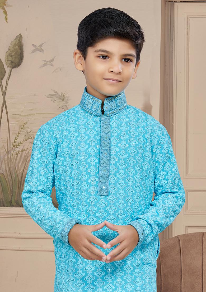 Firozi Blue Embroidered Chikankari Kurta With Churidar Pants
