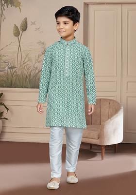 Rama Green Embroidered Chikankari Kurta With Churidar Pants