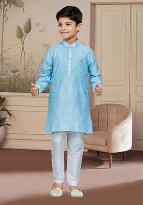 Sky Blue Embroidered Jaquard Kurta With Churidar Pants
