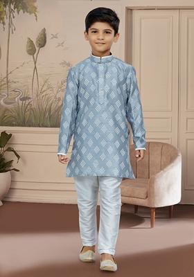 Grey Printed Silk Kurta With Churidar Pants