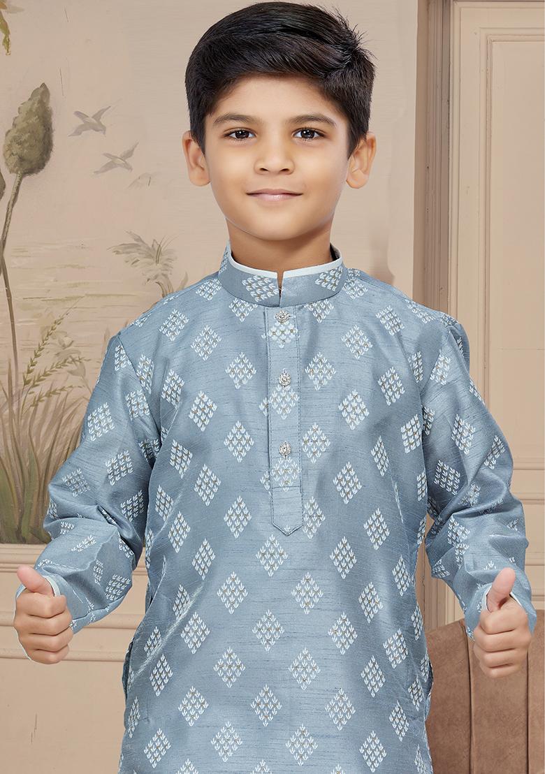 Grey Printed Silk Kurta With Churidar Pants