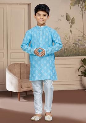 Firozi Blue Printed Silk Kurta With Churidar Pants