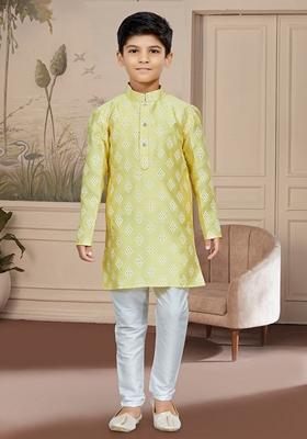 Yellow Printed Silk Kurta With Churidar Pants