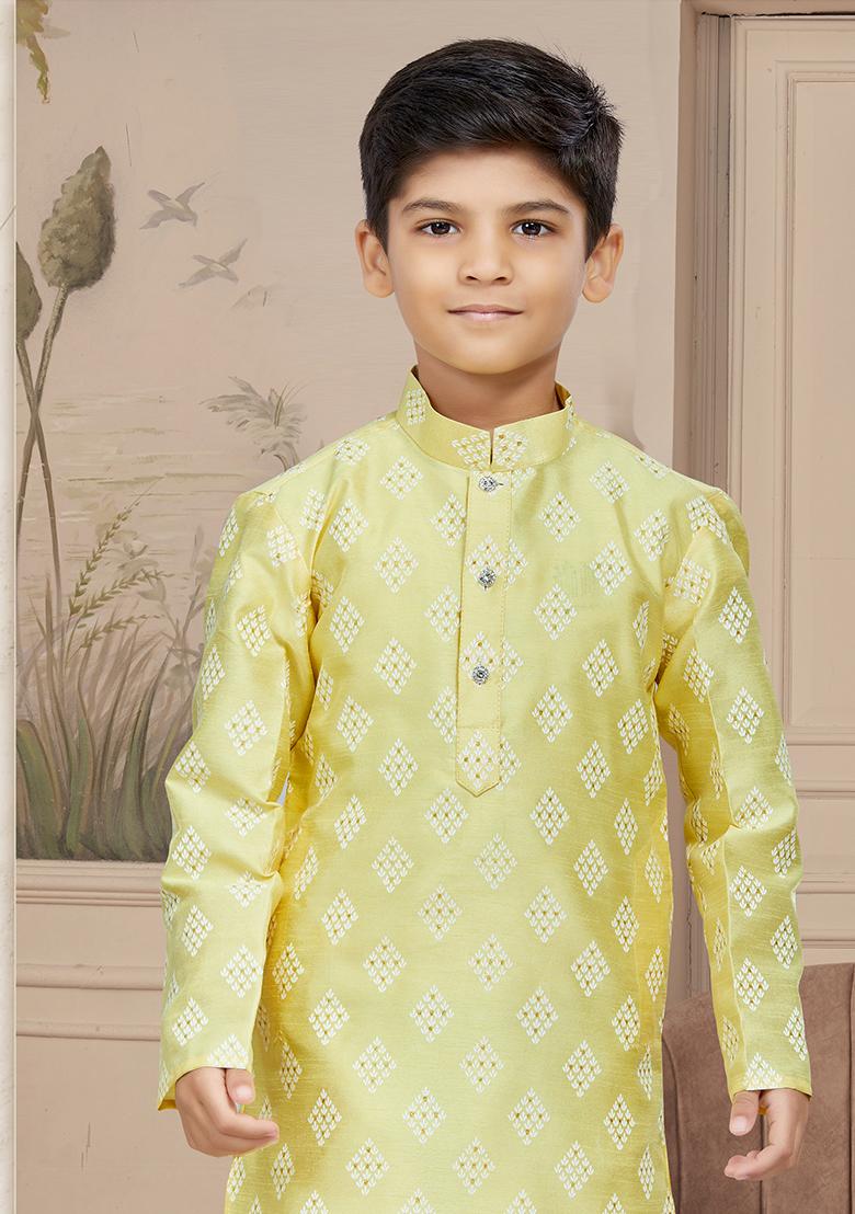 Yellow Printed Silk Kurta With Churidar Pants
