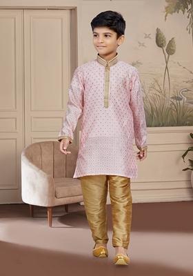 Light Pink Embroidered Jaquard Kurta With Churidar Pants