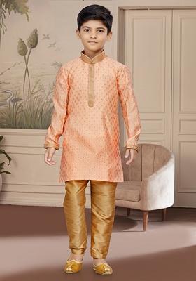 Peach Embroidered Jaquard Kurta With Churidar Pants