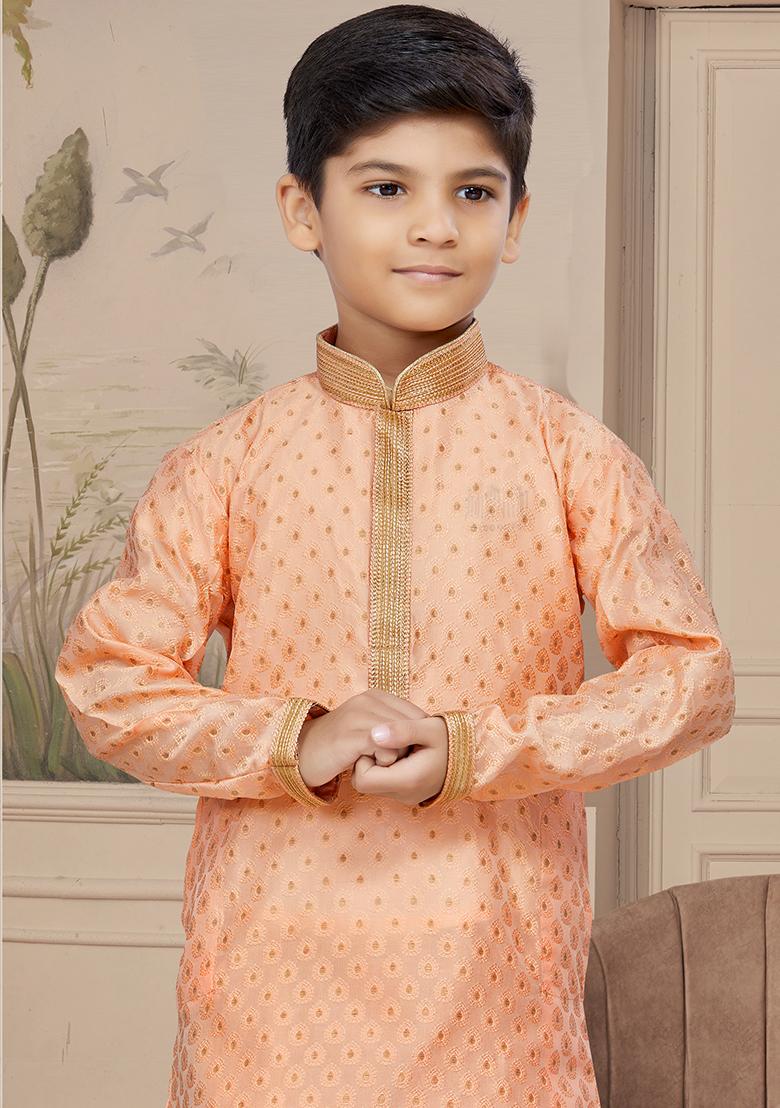 Peach Embroidered Jaquard Kurta With Churidar Pants