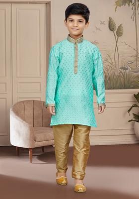 Sea Green Embroidered Jaquard Kurta With Churidar Pants