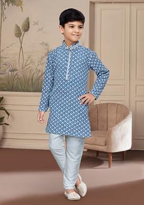 Blue Embroidered Chikankari Kurta With Churidar Pants