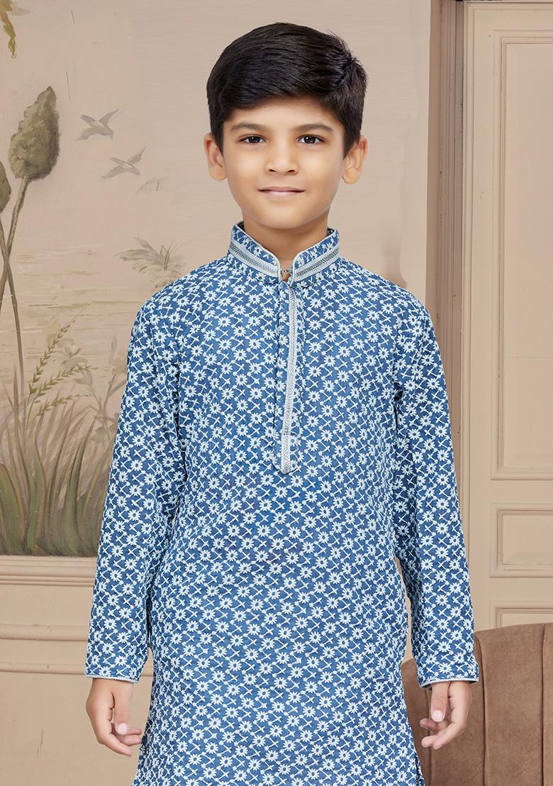 Blue Embroidered Chikankari Kurta With Churidar Pants