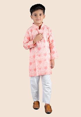 Orange Printed Cotton Kurta Set For Boy