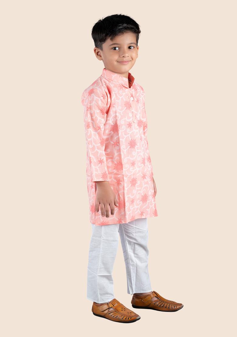 Orange Printed Cotton Kurta Set For Boy