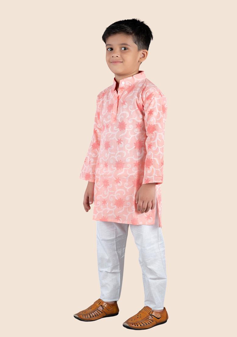 Orange Printed Cotton Kurta Set For Boy