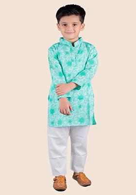 Green Printed Cotton Kurta Set For Boy