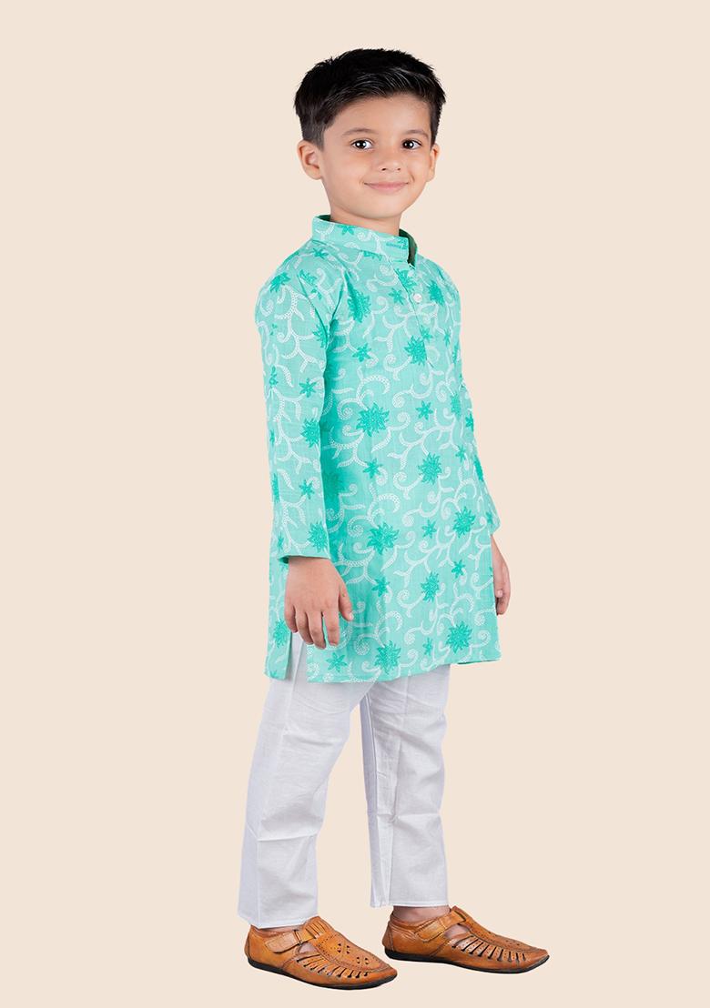Green Printed Cotton Kurta Set For Boy