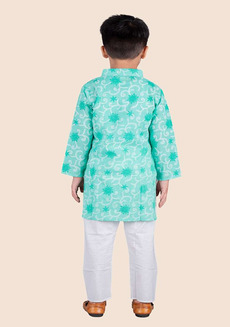 Green Printed Cotton Kurta Set For Boy - Indya