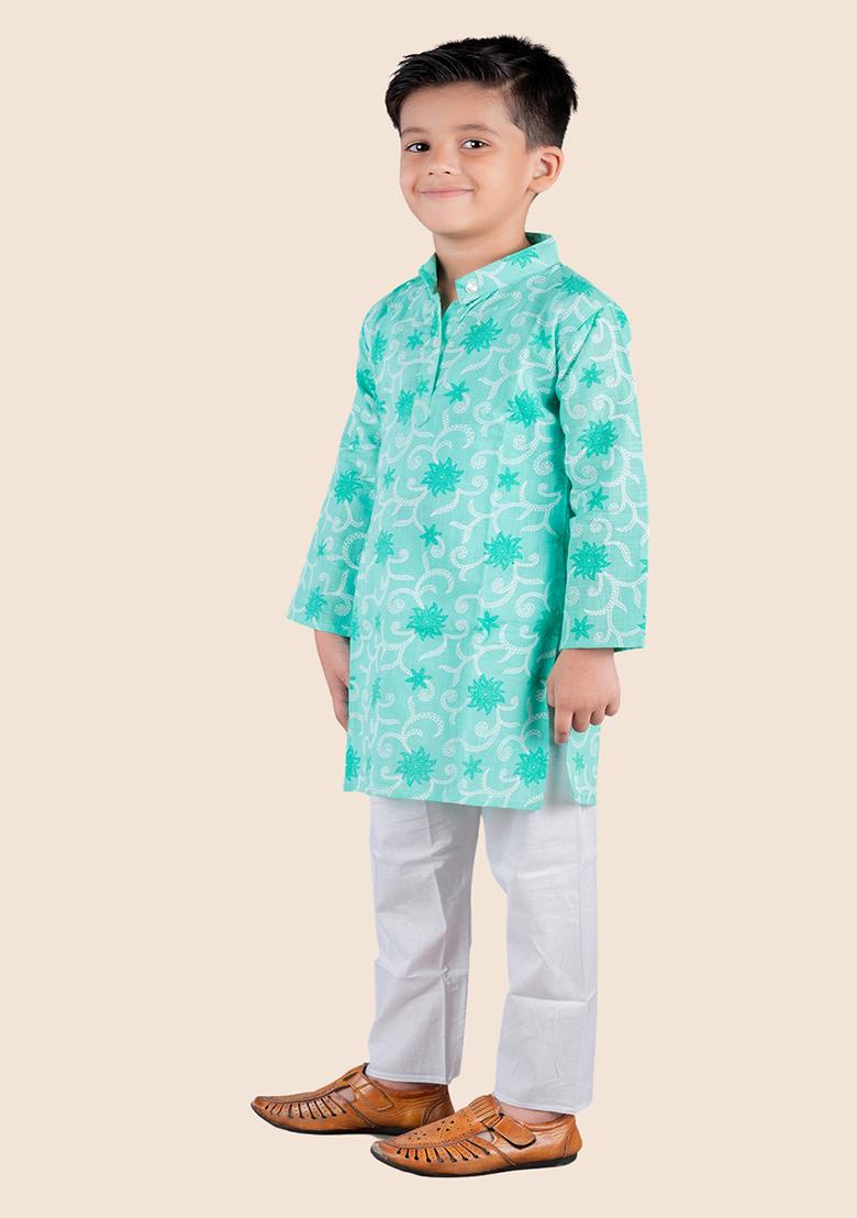 Green Printed Cotton Kurta Set For Boy