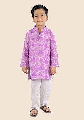 Purple Printed Cotton Kurta Set For Boy
